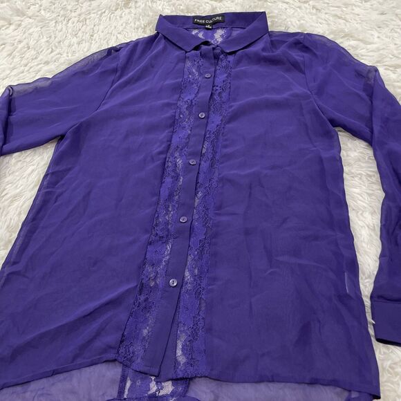 FREE CULTURE Sheer lace Top Button Up Shirt Women L Fairy Boho Whimsy Romantic - Picture 1 of 16